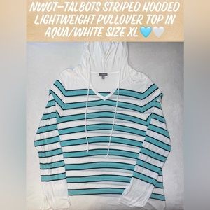 NWOT-Talbots Striped Hooded Lightweight Pullover Top in Aqua/White Size XL🏝️🤍